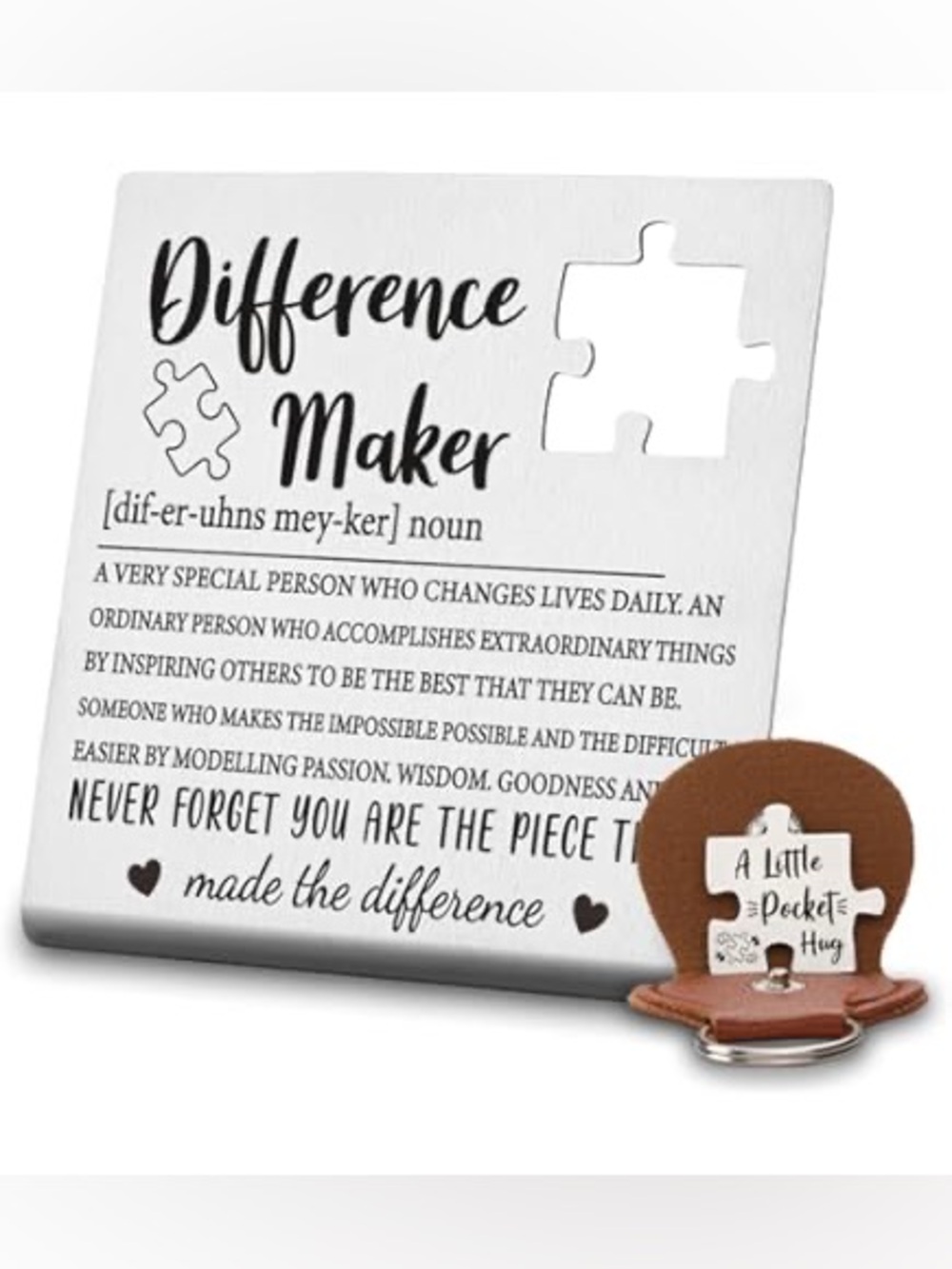 Difference Maker Puzzle Piece Plaque with Pocket Hug Keychain - White & Brown